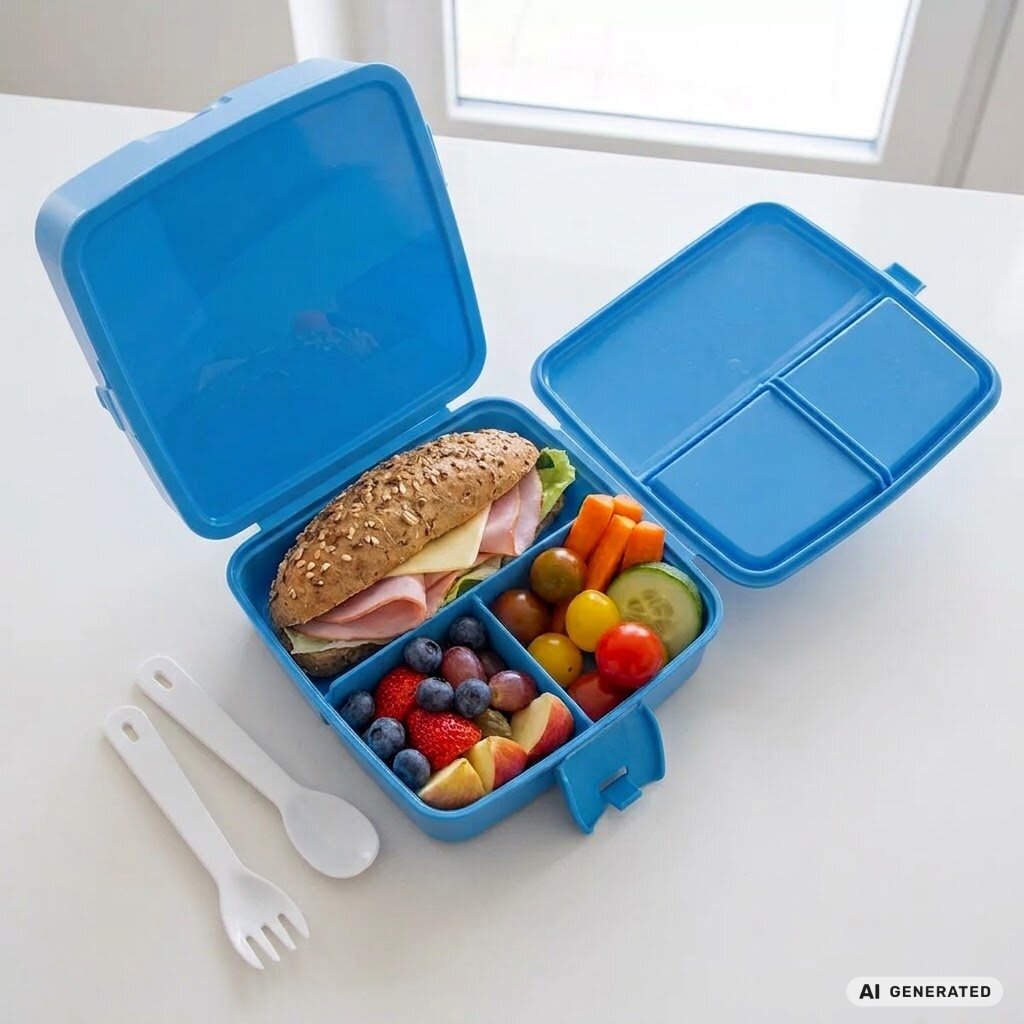 modrý svačinový box s přihrádkami
