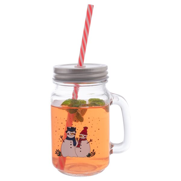 Sklenice Straw s víčkem a brčkem SNĚHULÁK 0,5 l